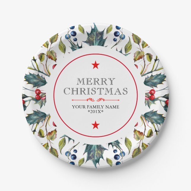 Plato De Papel Acebo de Navidad acuarelas modernas (Anverso)