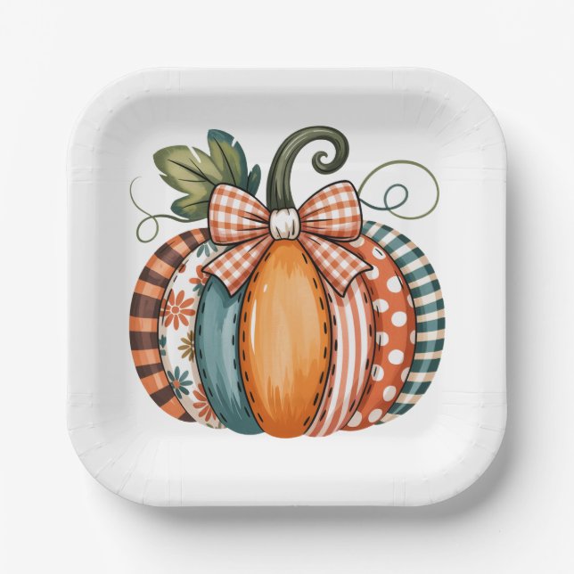 Plato De Papel Acento caprichoso de otoño con lazo de gingham (Anverso)