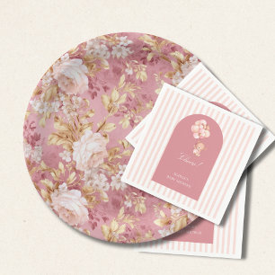 Plato De Papel Acentos florales rosados malva y marrones dorados