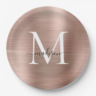 Plato De Papel Acero metálico de oro rosado con guión de monogram