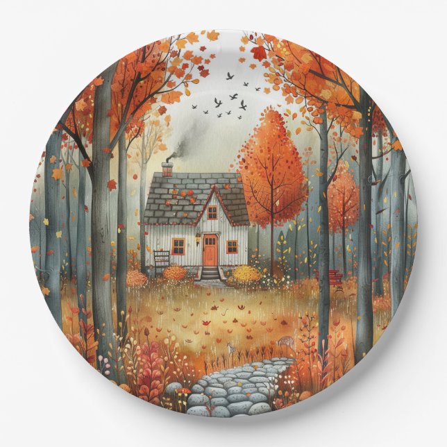 Plato De Papel Acogedor Ilustracion forestal de otoño en la Casa  (Anverso)