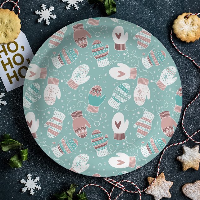 Plato De Papel Acogedores Navidades de invierno miden el patrón e (Winter Mittens Christmas Plate)