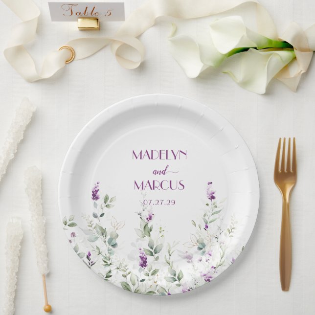 Plato De Papel Acogida de bodas con piedras de lavanda morada (Boda)