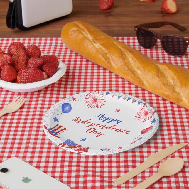 Plato De Papel Acuarela 4 de julio, Fiesta del Día de la Independ (Picnic)