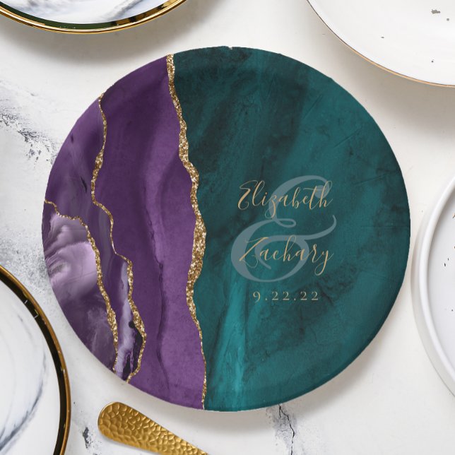 Plato De Papel Acuarela Agate Script Purple Gold Boda Verde azula (Subido por el creador)