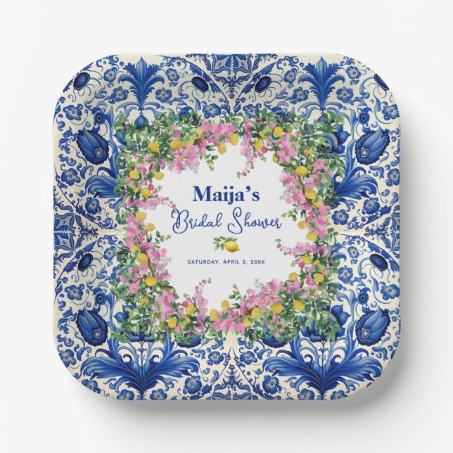 Plato De Papel Acuarela Amalfi Costa Rosa Lemons Bridal Ducha (Anverso)