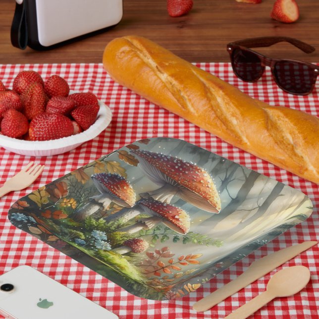 Plato De Papel Acuarela Amanita Mushrooms Bosque Foliage Art (Picnic)