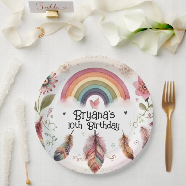 Plato De Papel Acuarela Arcoiris Pájaro y plumas Boho Cumpleaños (Boda)