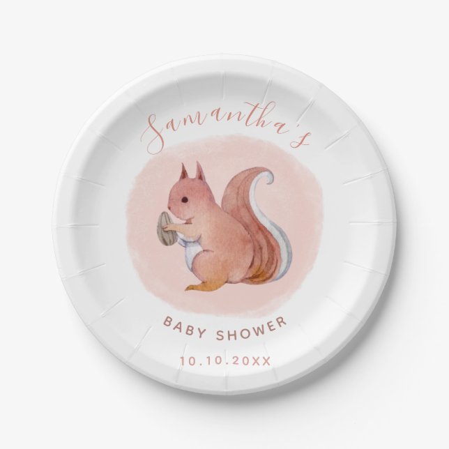 Plato De Papel Acuarela Ardilla rosa Baby Shower Cute Animal (Anverso)