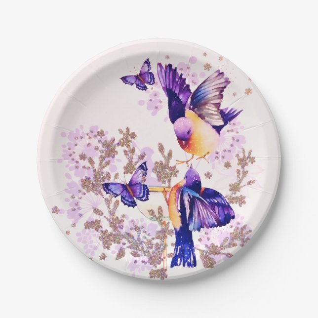 Plato De Papel Acuarela Aves Purpurina Morado Floral (Anverso)