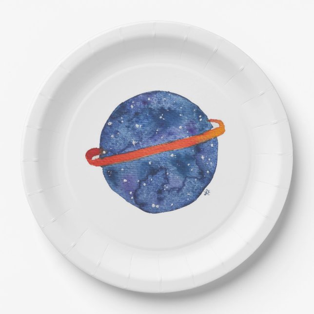 Plato De Papel Acuarela azul de la galaxia del planeta del (Anverso)