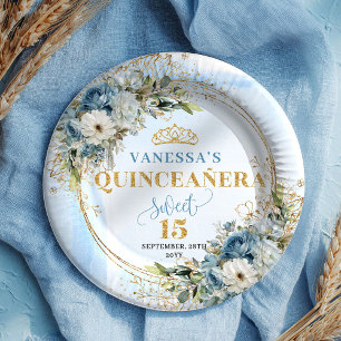 Plato De Papel Acuarela Azul Floral Oro Nombre Personalizado Quin