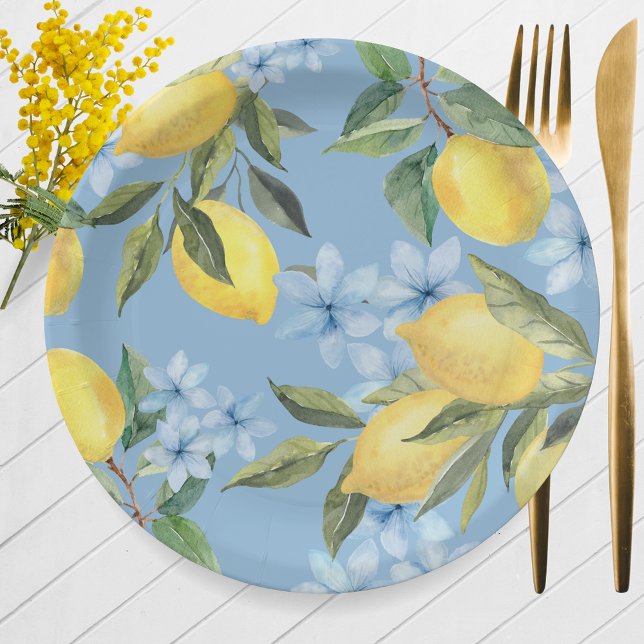 Plato De Papel Acuarela Azul Limón y Flor (Watercolor Lemon & Blue Flower Paper Plates for Main Squeeze Bridal Shower or Little Lemon Baby)