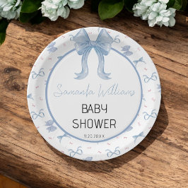 Plato De Papel Acuarela Azul Minimalista Elegante Shower de Bebé 