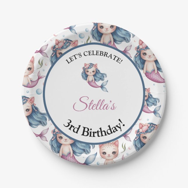 Plato De Papel Acuarela Azul Pink Sirmaid Cat Chica Cumpleaños (Anverso)