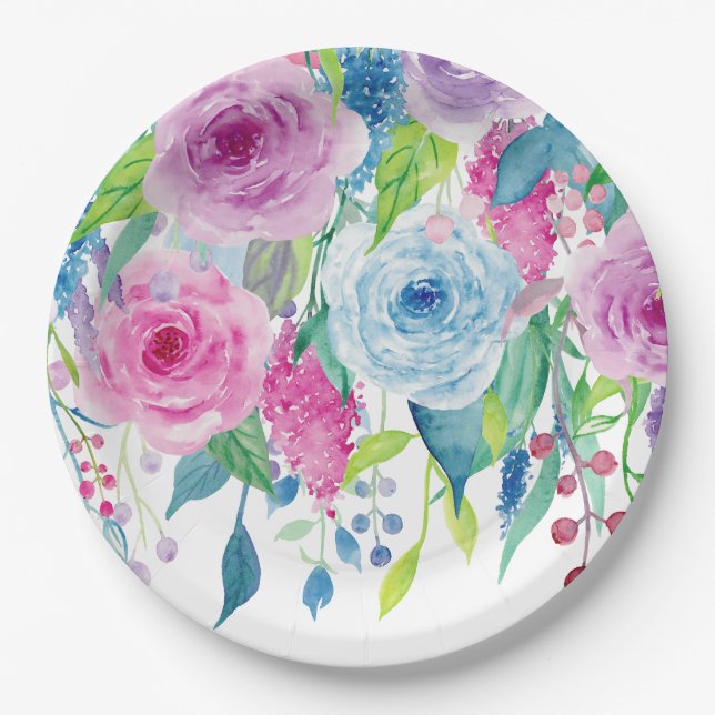 Plato De Papel Acuarela azul rosada romántica floral (Anverso)