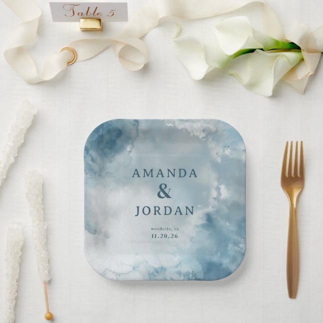 Plato De Papel Acuarela Azul Sereno (Boda)