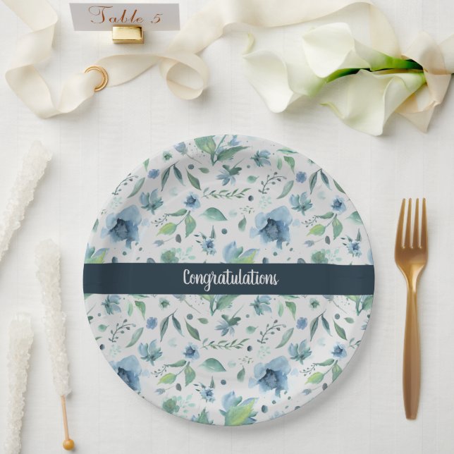 Plato De Papel Acuarela azul sobre flores personalizadas gris cla (Boda)