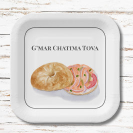 Plato De Papel Acuarela Bagels Smoke Salmon G’mar Chatima Tova