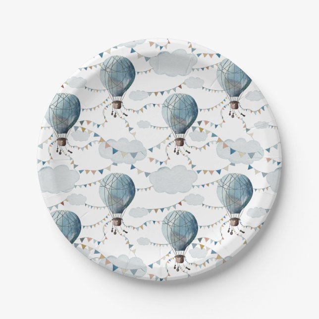 Plato De Papel Acuarela Balón de aire caliente blanco // Cumpleañ (Anverso)