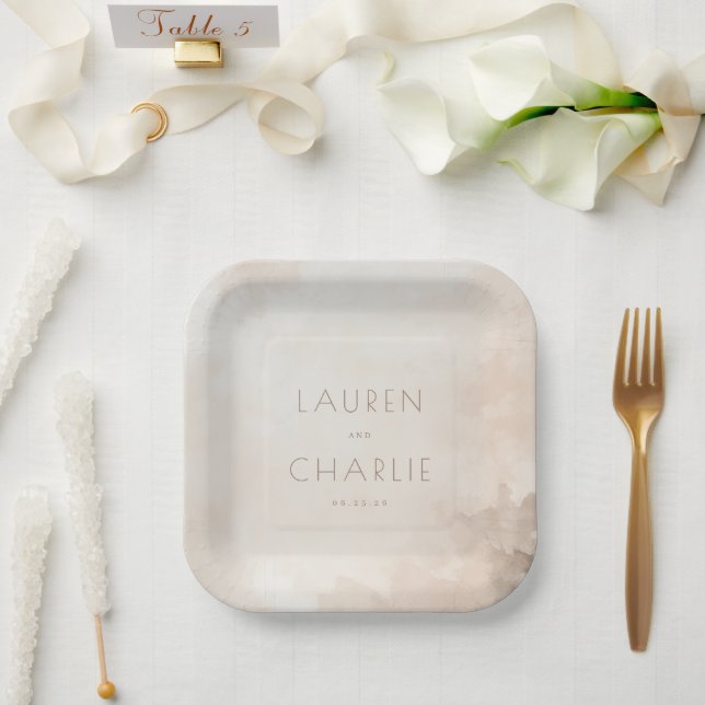 Plato De Papel Acuarela beige elegante (Boda)