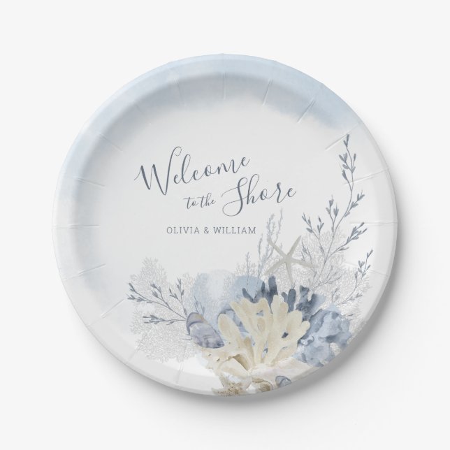 Plato De Papel Acuarela Bienvenido a la Cena de la Orilla del Mar (Anverso)