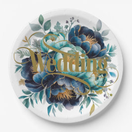 Plato De Papel Acuarela Boda floral de la marina azul de Aqua