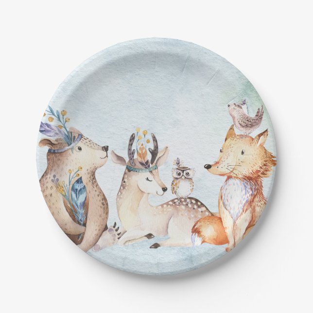 Plato De Papel Acuarela Boho Bear Animales Rústicos Baby Shower (Anverso)