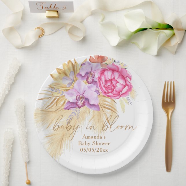 Plato De Papel Acuarela boho hierba de pampas - Shower de bebé (Boda)