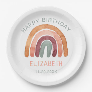 Plato De Papel Acuarela Boho Rainbow Happy Birday