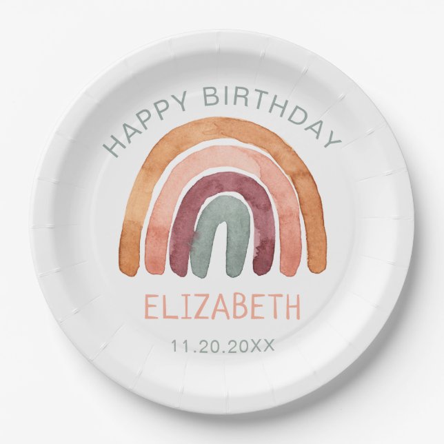 Plato De Papel Acuarela Boho Rainbow Happy Birday (Anverso)