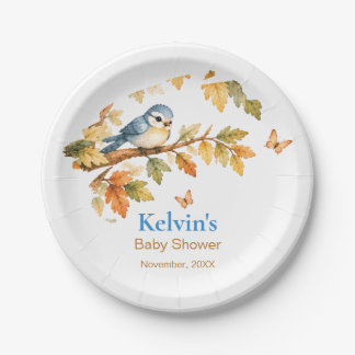 Plato De Papel Acuarela Bosque Otoñal Pájaro y Hojas de Otoño