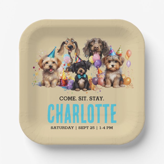 Plato De Papel Acuarela Cachorro de perro travieso cumpleaños (Anverso)