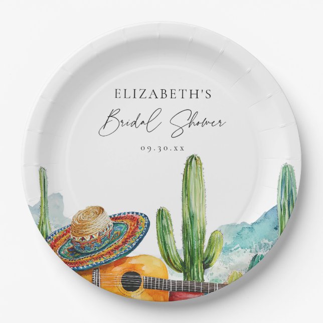 Plato De Papel Acuarela Cactus Fiesta Bridal Ducha (Anverso)