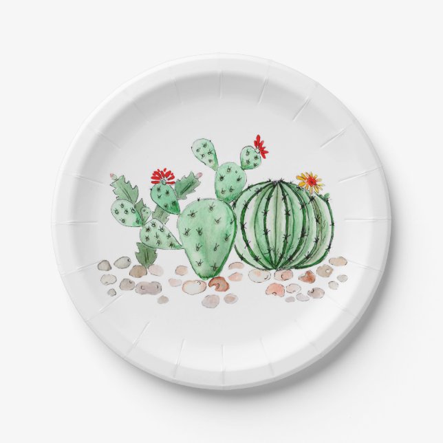 Plato De Papel Acuarela cactus flores plantas personalizado (Anverso)