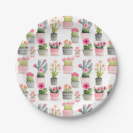 Plato De Papel Acuarela Cactus Patrón Suculento Oeste Rosa