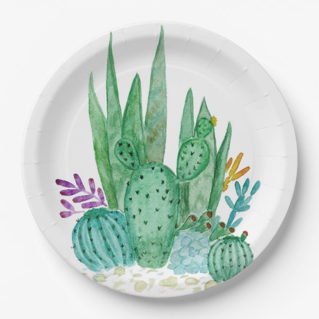 Plato De Papel Acuarela , cactus , suculentos (Anverso)