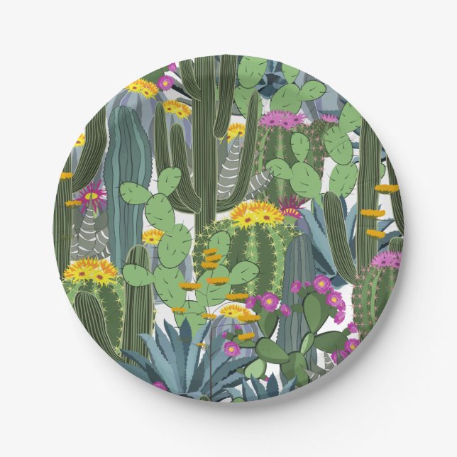 Plato De Papel Acuarela Cactus y Cactus Flowers  (Anverso)