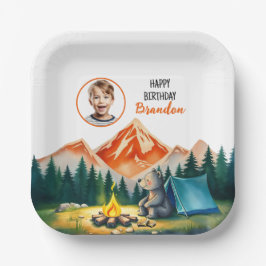 Plato De Papel Acuarela Camping Blanco Oso Niños Foto Cumpleaños