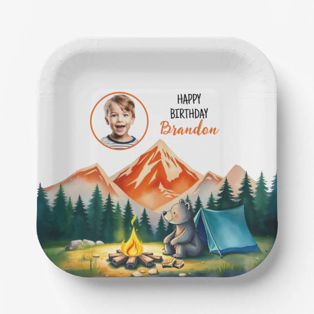Plato De Papel Acuarela Camping Blanco Oso Niños Foto Cumpleaños (Anverso)