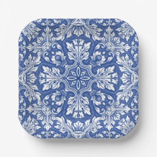Plato De Papel Acuarela Capri Maiolica Azul Azulejos Portugueses