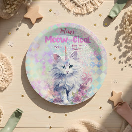 Plato De Papel Acuarela Caticorn Meow-Gical Cumpleaños