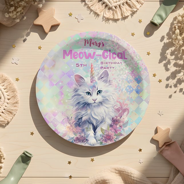 Plato De Papel Acuarela Caticorn Meow-Gical Cumpleaños (Subido por el creador)