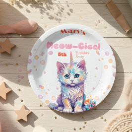 Plato De Papel Acuarela Caticorn Meow-Gical Cumpleaños