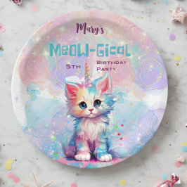 Plato De Papel Acuarela Caticorn Meow-Gical Cumpleaños