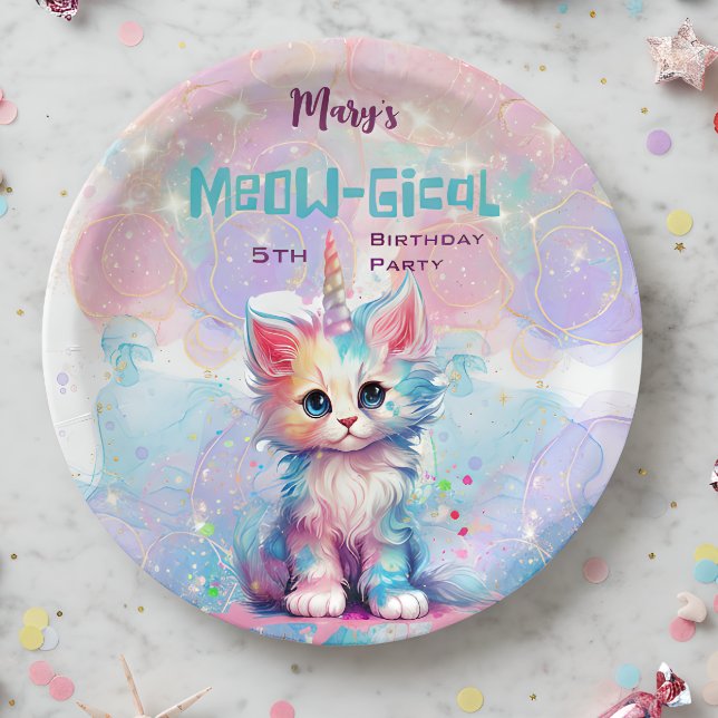 Plato De Papel Acuarela Caticorn Meow-Gical Cumpleaños (Subido por el creador)