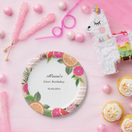 Plato De Papel Acuarela Citrus tropical cumpleaños mínimo