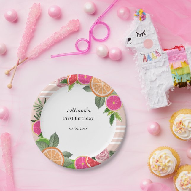 Plato De Papel Acuarela Citrus tropical cumpleaños mínimo (Fiesta)