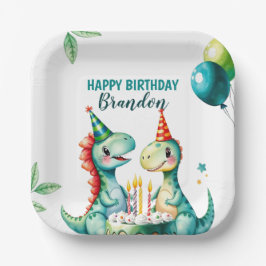 Plato De Papel Acuarela Colorido Trex Dinosaurio 1er cumpleaños