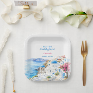 Plato De Papel Acuarela Costera Santorini Grecia Despedida de Sol